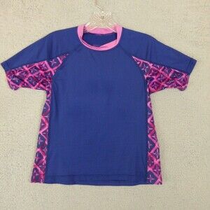 Patagonia Rash Guard Shirt Girl's Large Blue Pink Short Sleeve Mock Neck Swim